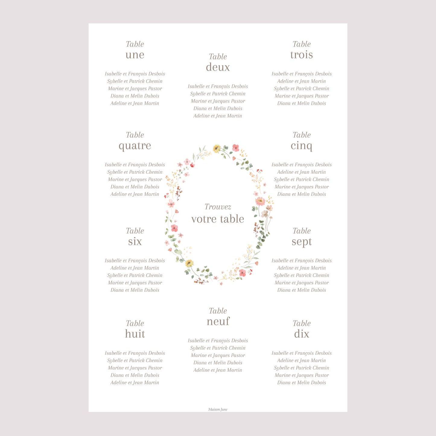 Plan de table Mariage Portrait Fleurs d'été photo N° 2