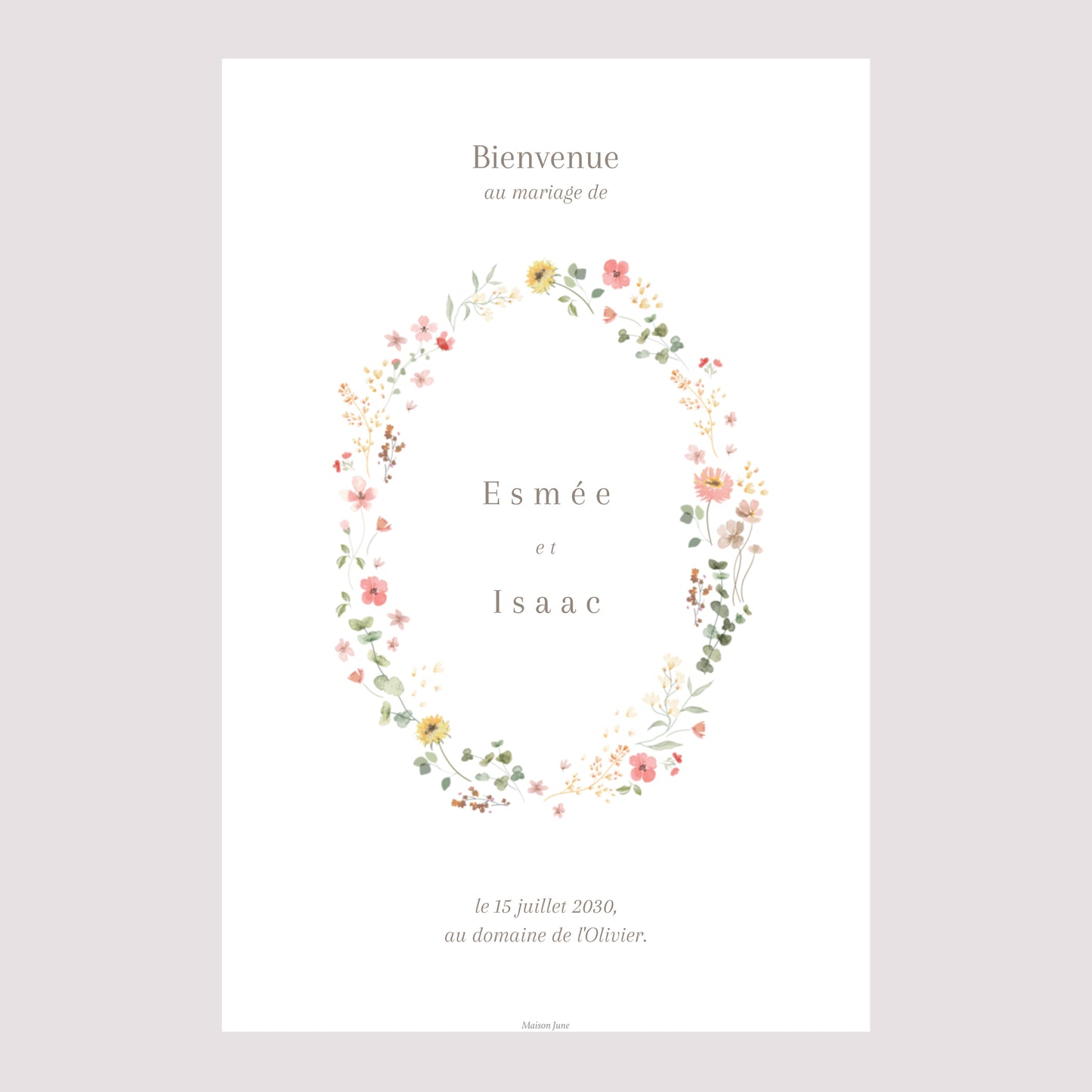Panneau bienvenue Mariage Portrait 60 x 90 cm Fleurs d'été photo N° 2
