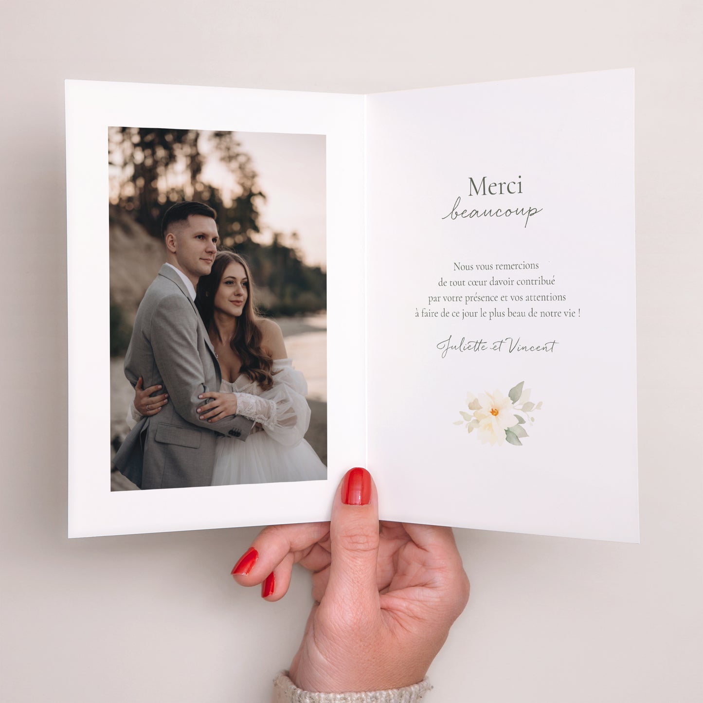 Remerciements Mariage Portrait double volet Bouquet romantique photo N° 2