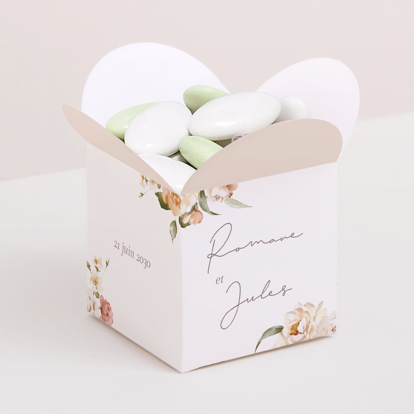 Boîte à dragées Mariage Ouverture papillon Fleurs pêche photo N° 1