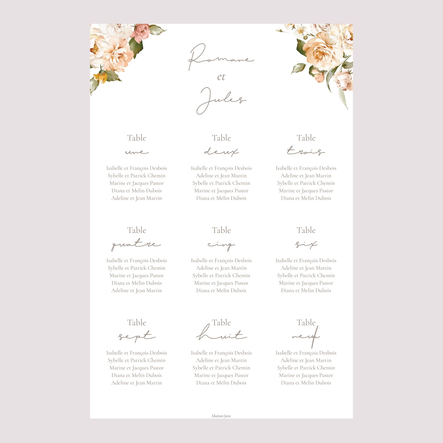 Plan de table Mariage Portrait Fleurs pêche photo N° 2
