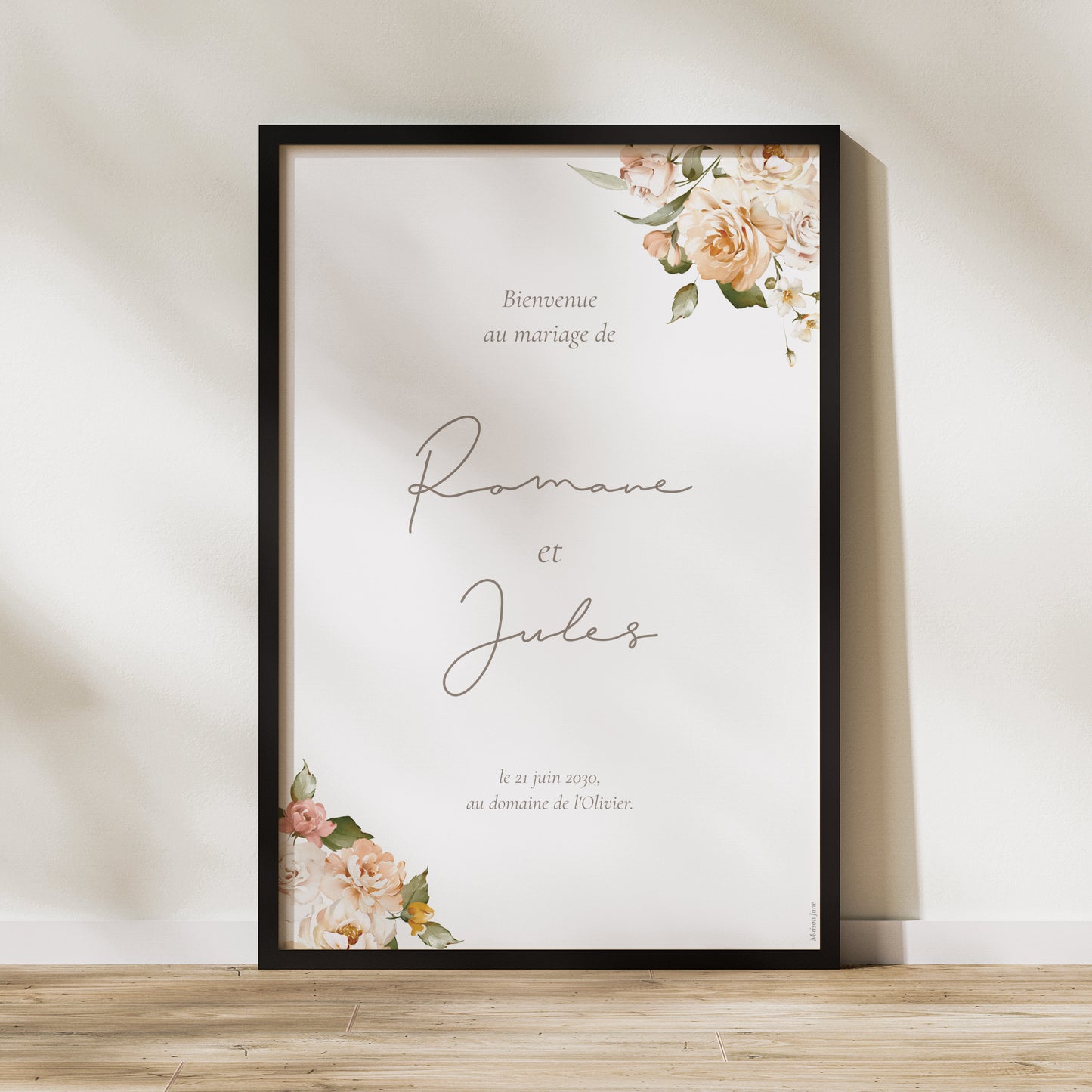 Panneau bienvenue Mariage Portrait 60 x 90 cm Fleurs pêche photo N° 1