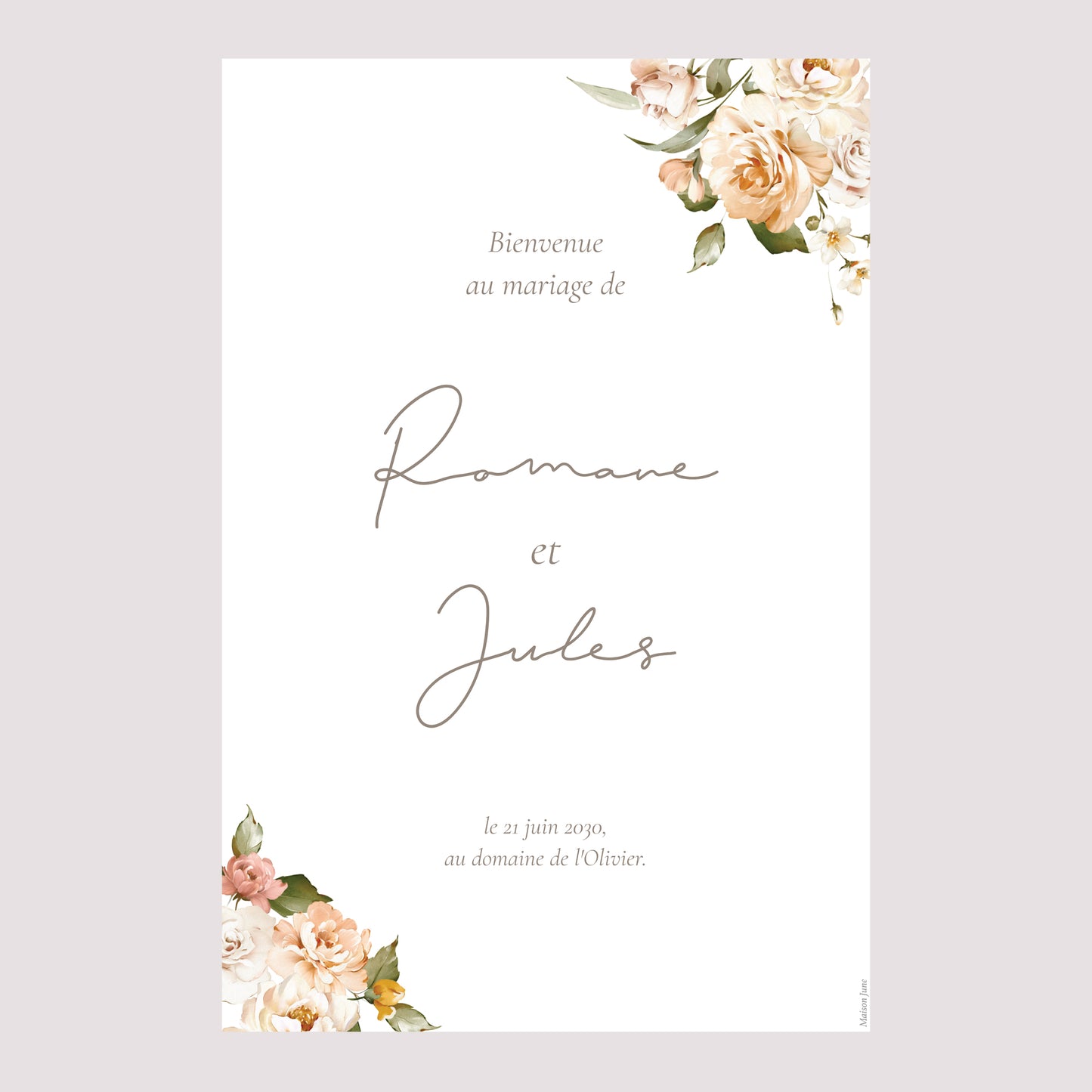 Panneau bienvenue Mariage Portrait 60 x 90 cm Fleurs pêche photo N° 2