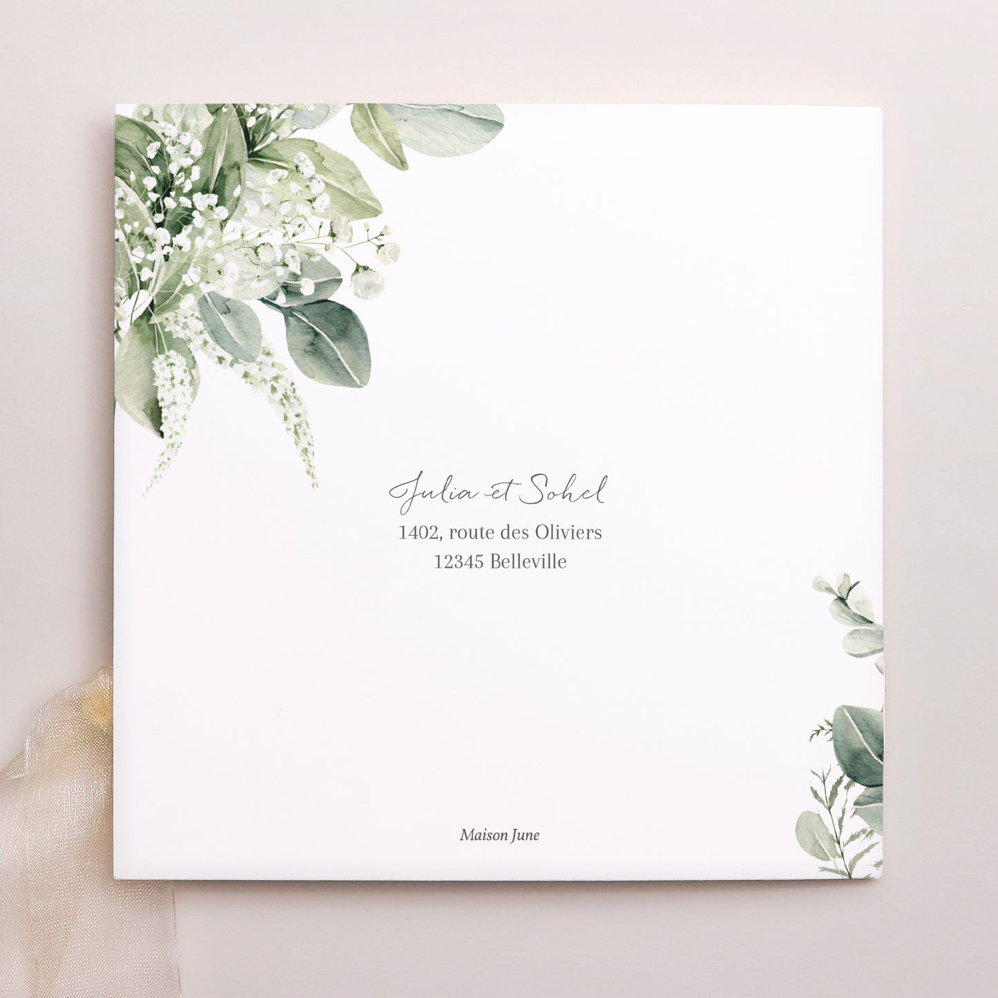 Faire-part Mariage Pochette carrée, 3 cartes, étiquette Naturel Romantique photo N° 4