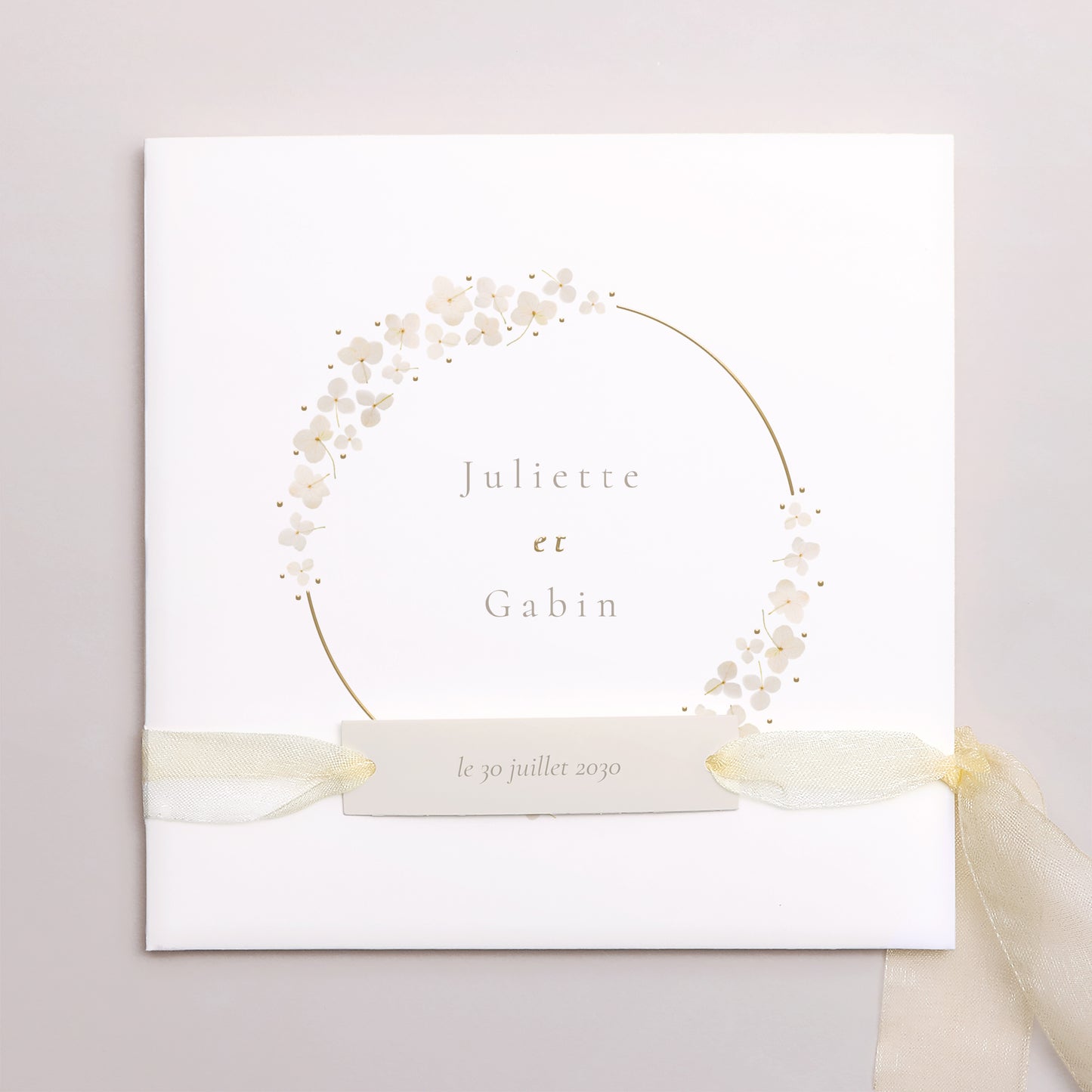 Faire-part Mariage Pochette carrée, 3 cartes, étiquette Fleurs séchées blanches photo N° 1