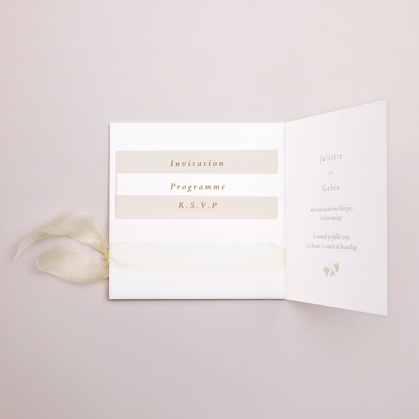 Faire-part Mariage Pochette carrée, 3 cartes, étiquette Fleurs séchées blanches photo N° 2