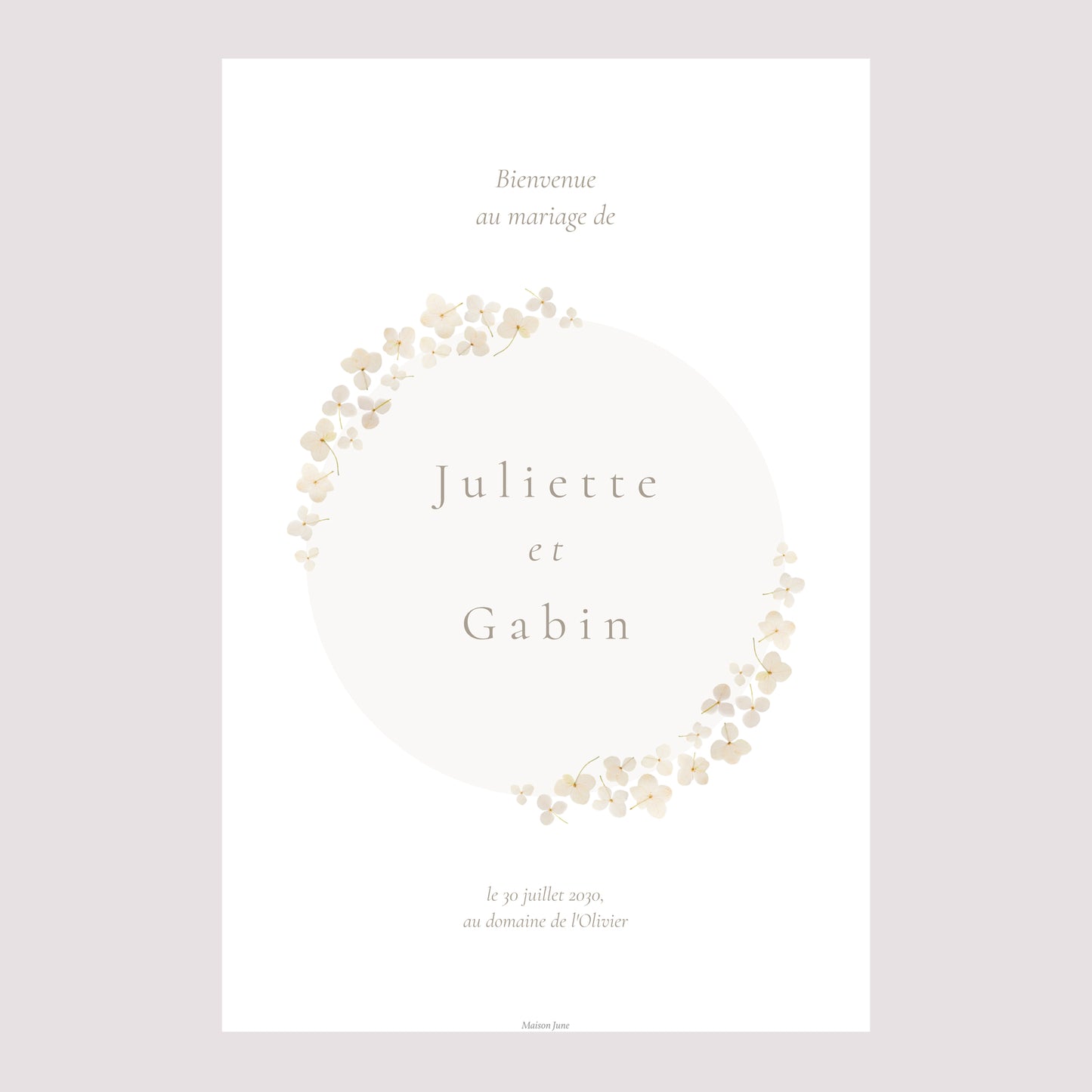 Panneau bienvenue Mariage Portrait 60 x 90 cm Fleurs séchées blanches photo N° 2