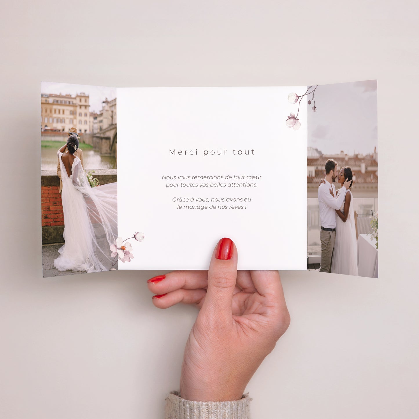 Remerciements Mariage Triptyque ouverture fenêtre Petites fleurs mauves photo N° 2