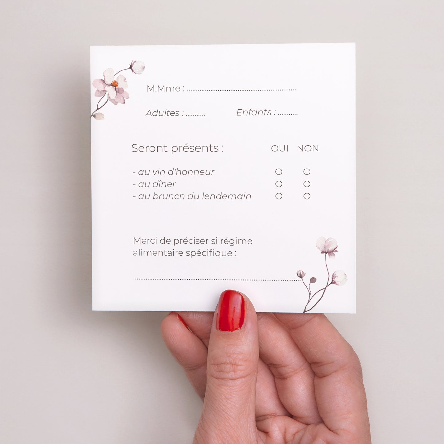 Carton réponse Mariage Carré Petites fleurs mauves photo N° 3