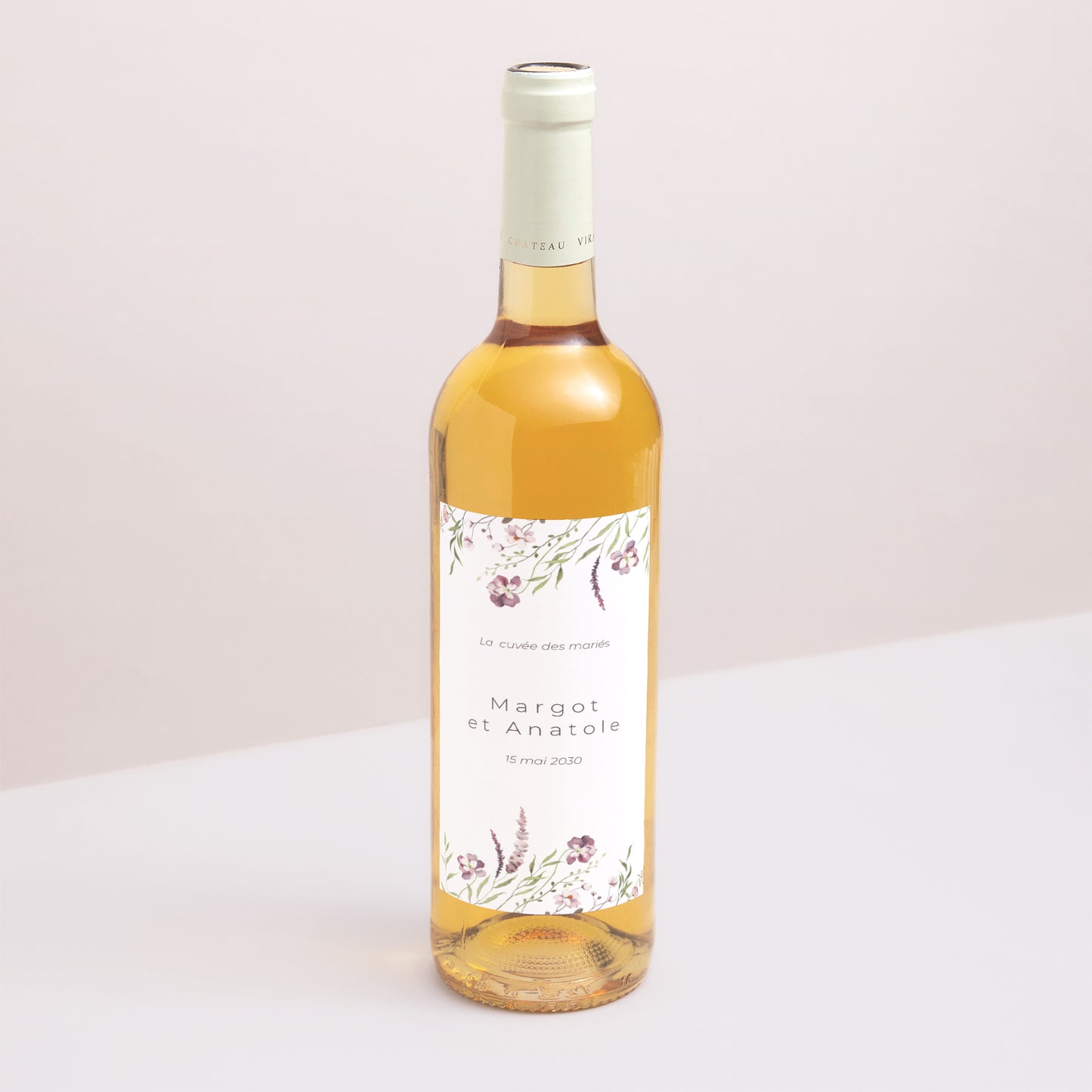 Etiquette bouteille Mariage Portrait Petites fleurs mauves photo N° 1