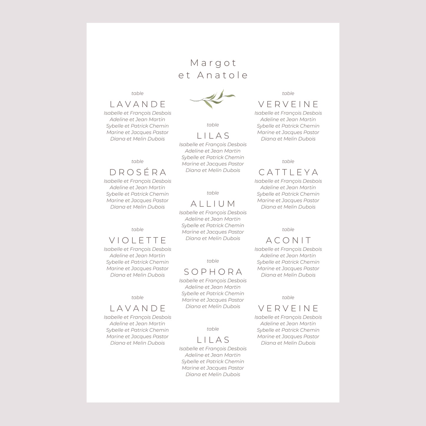 Plan de table Mariage Portrait Petites fleurs mauves photo N° 2
