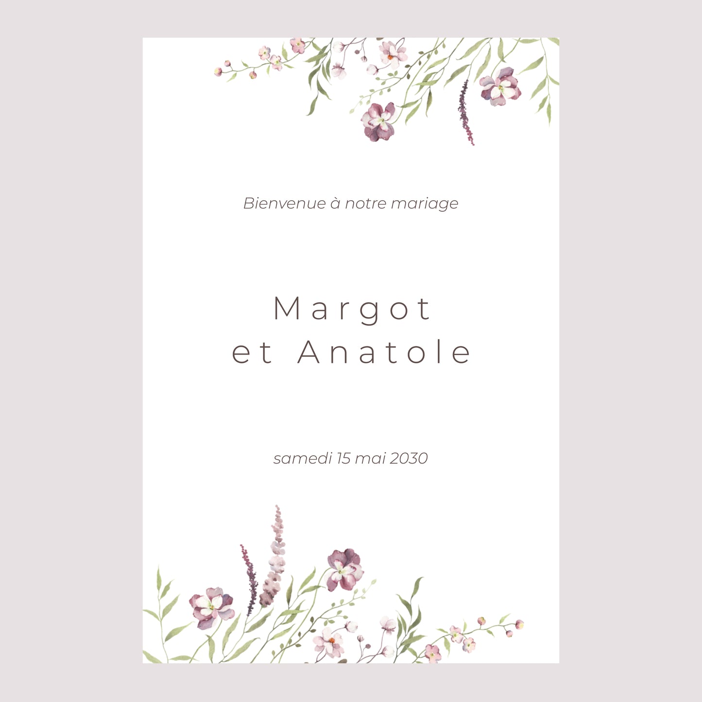 Panneau bienvenue Mariage Portrait 60 x 90 cm Petites fleurs mauves photo N° 2