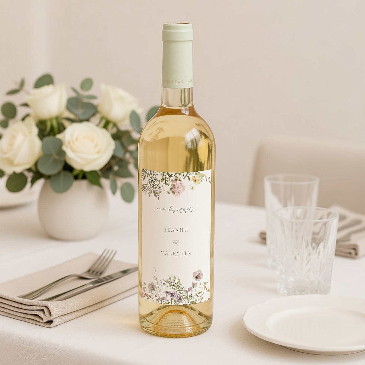 Etiquette bouteille Mariage Portrait Couronne fleurie photo N° 2