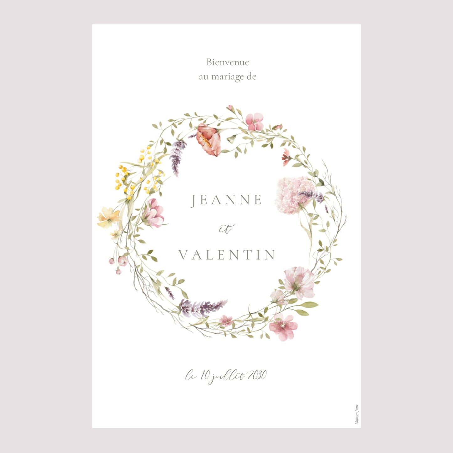Panneau bienvenue Mariage Portrait 60 x 90 cm Couronne fleurie photo N° 2