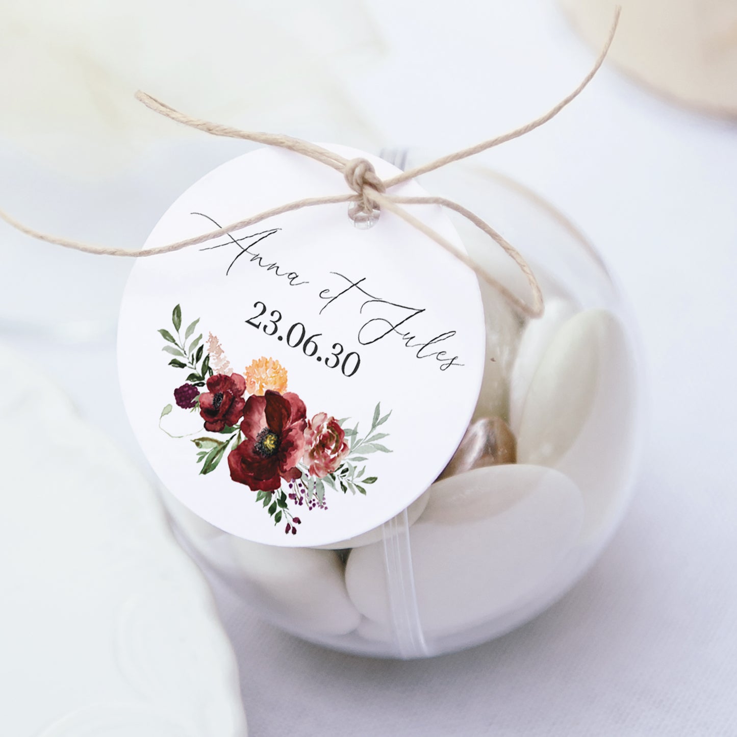 Boîte à dragées Mariage boule avec étiquette ronde Caudélie photo N° 1