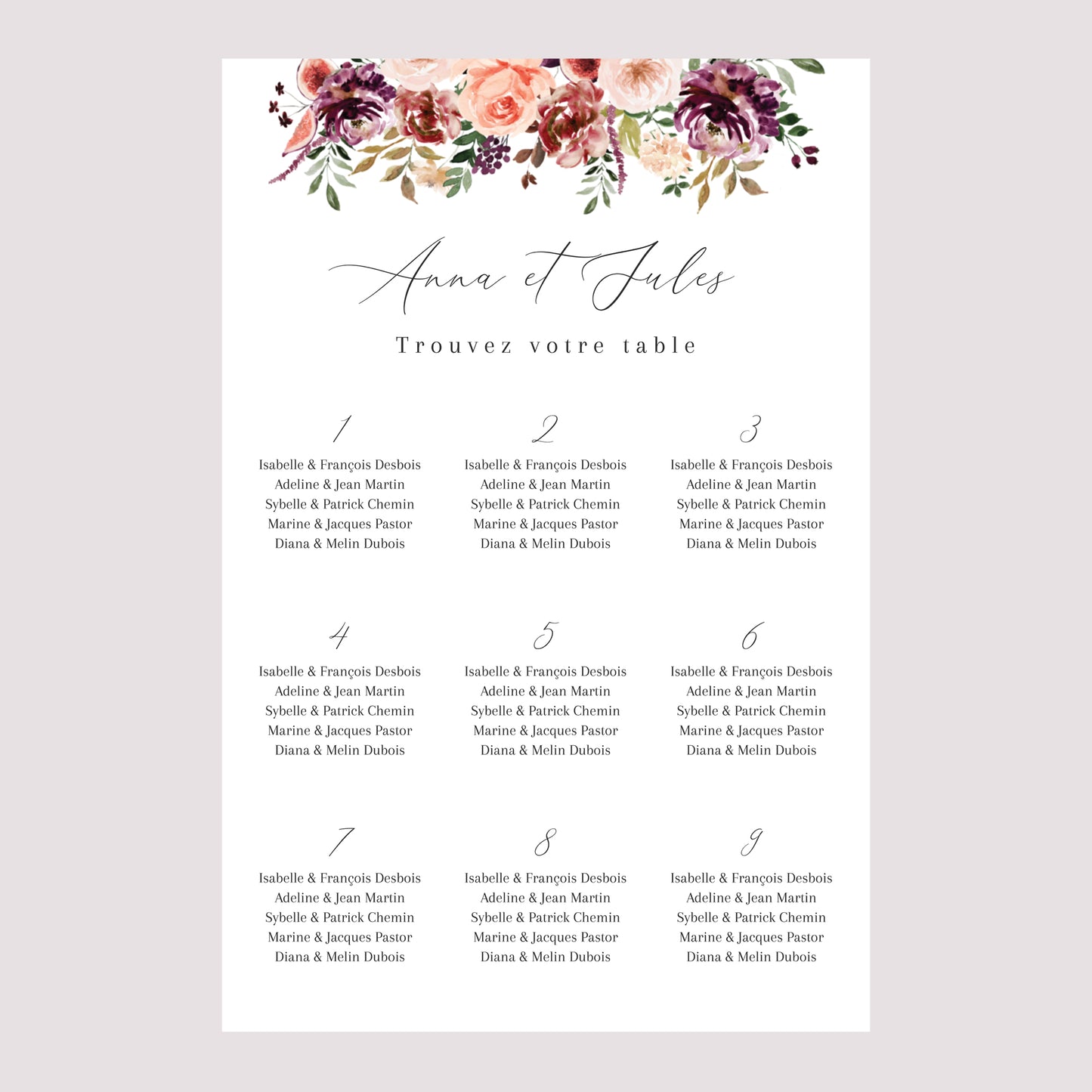 Plan de table Mariage Portrait 60 x 90 cm Caudélie photo N° 2