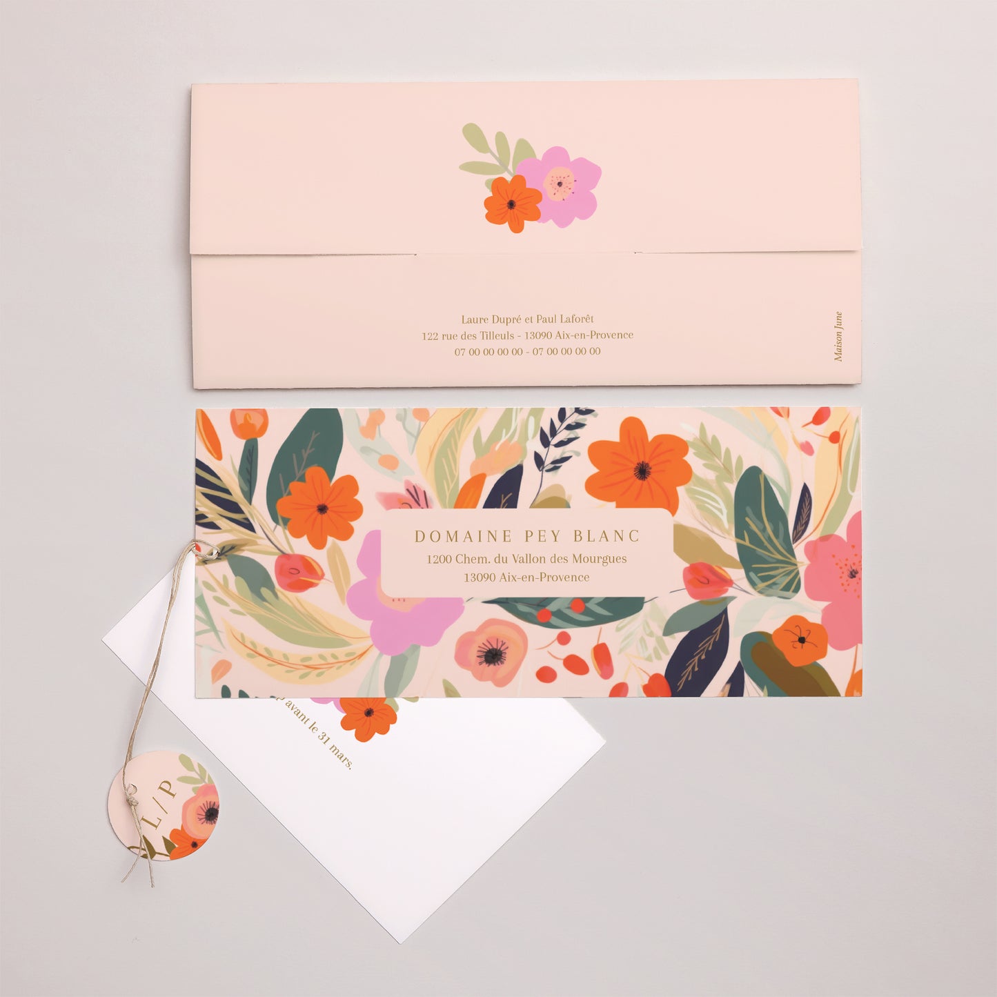 Faire-part Mariage Pochette 2 cartes, étiquette Farandole de Fleurs photo N° 4