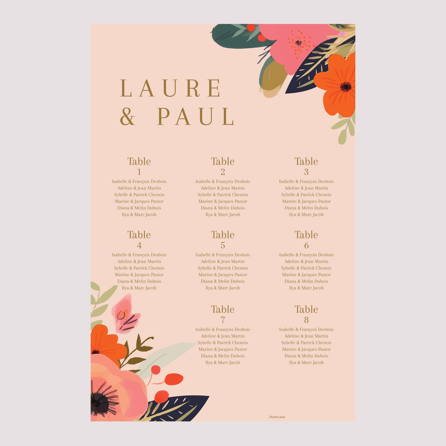 Plan de table Mariage Portrait 60 x 90 cm Farandole de Fleurs photo N° 2