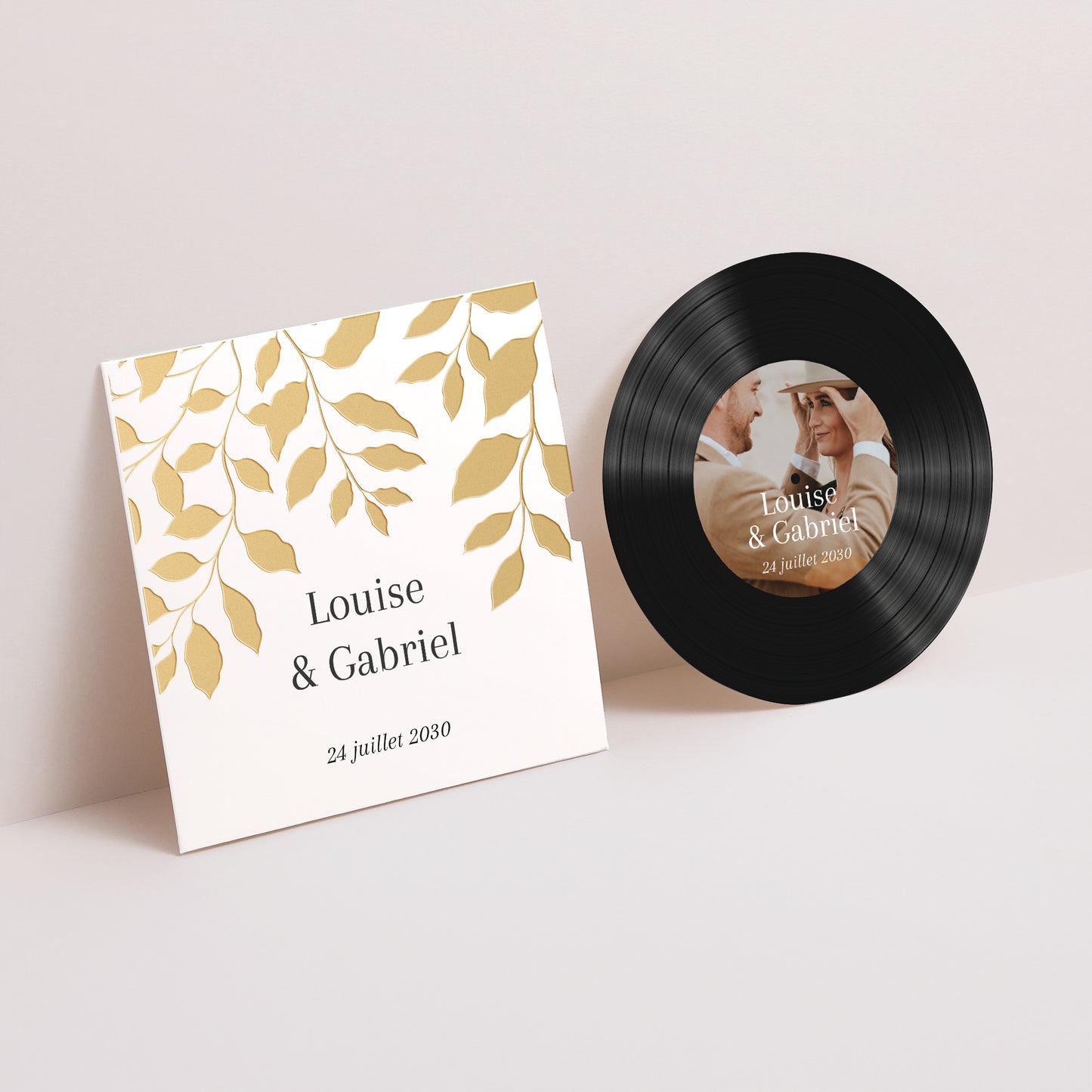 Faire-part Mariage Pochette disque feuillage doré photo N° 1