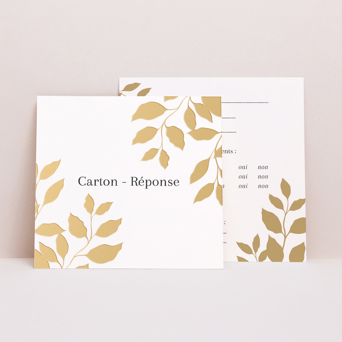 Carton réponse Mariage Carré feuillage doré photo N° 1