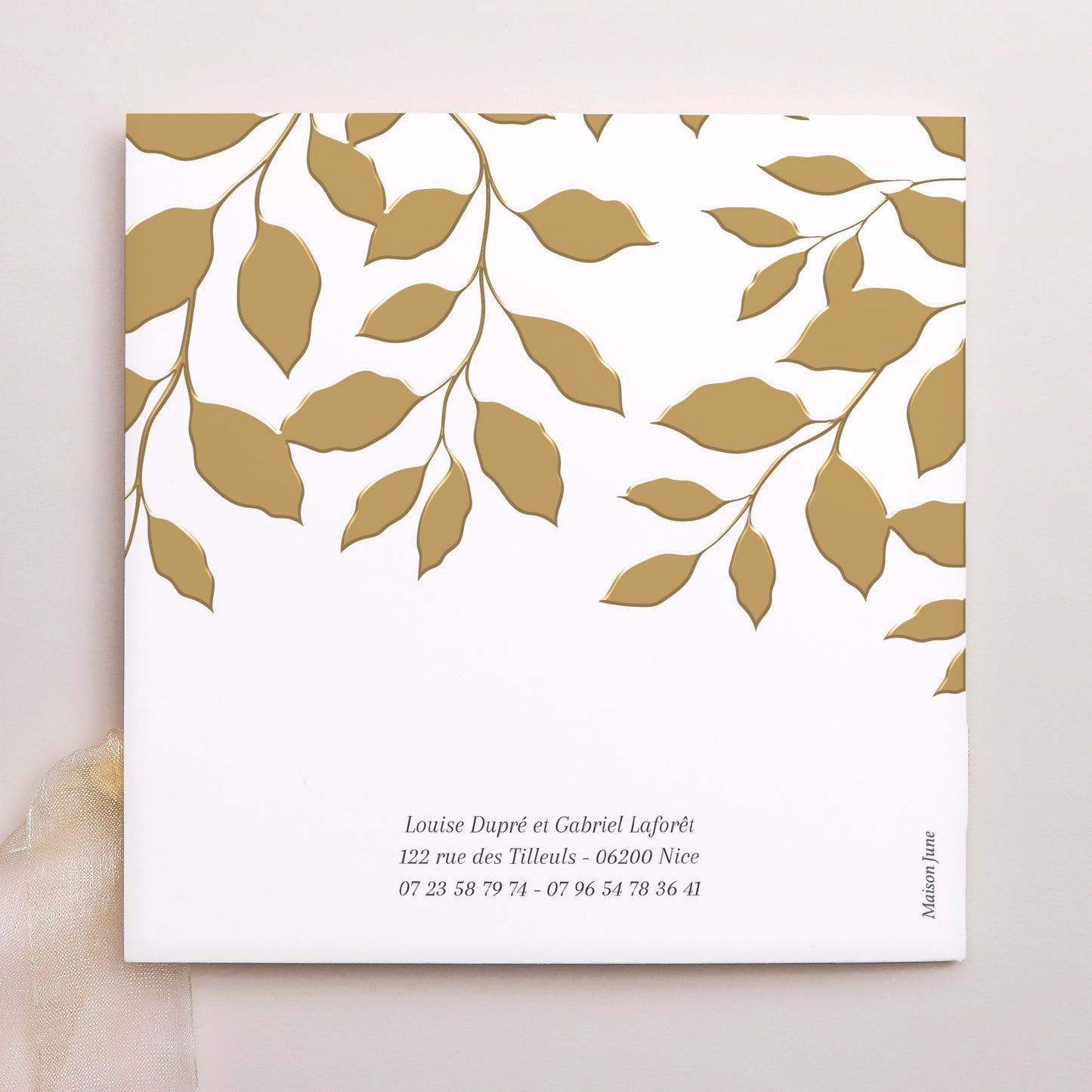 Faire-part Mariage Pochette carrée, 3 cartes, étiquette feuillage doré photo N° 4