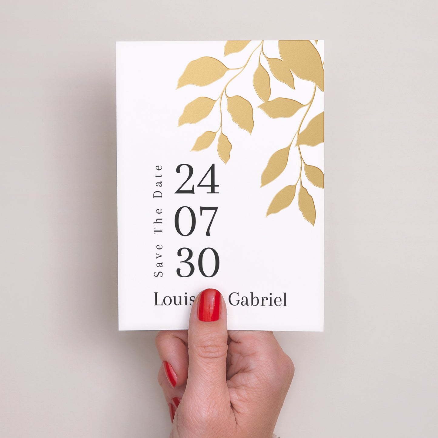 Save the date Mariage Portrait feuillage doré photo N° 2