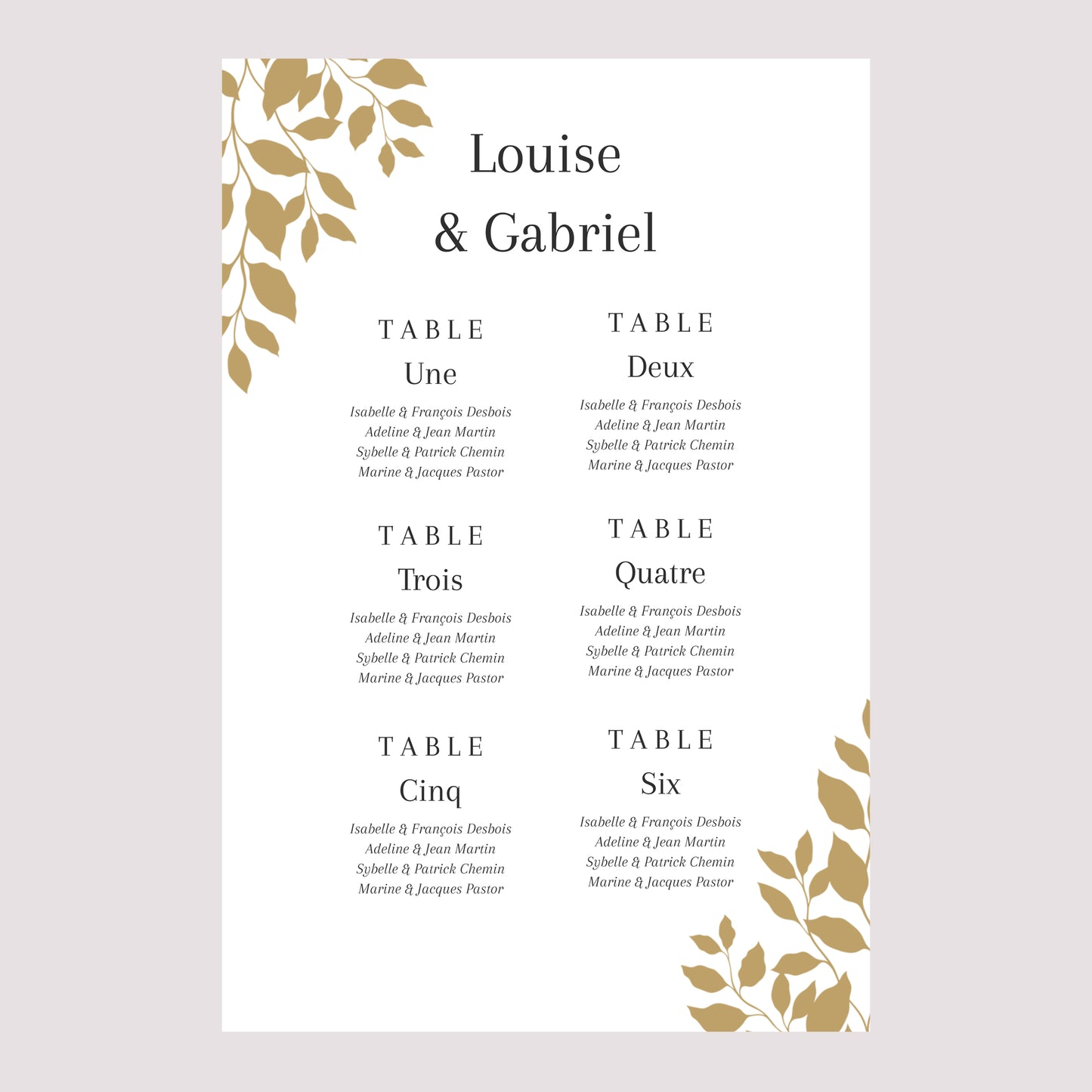 Plan de table Mariage Portrait 60 x 90 cm Feuillage doré photo N° 2