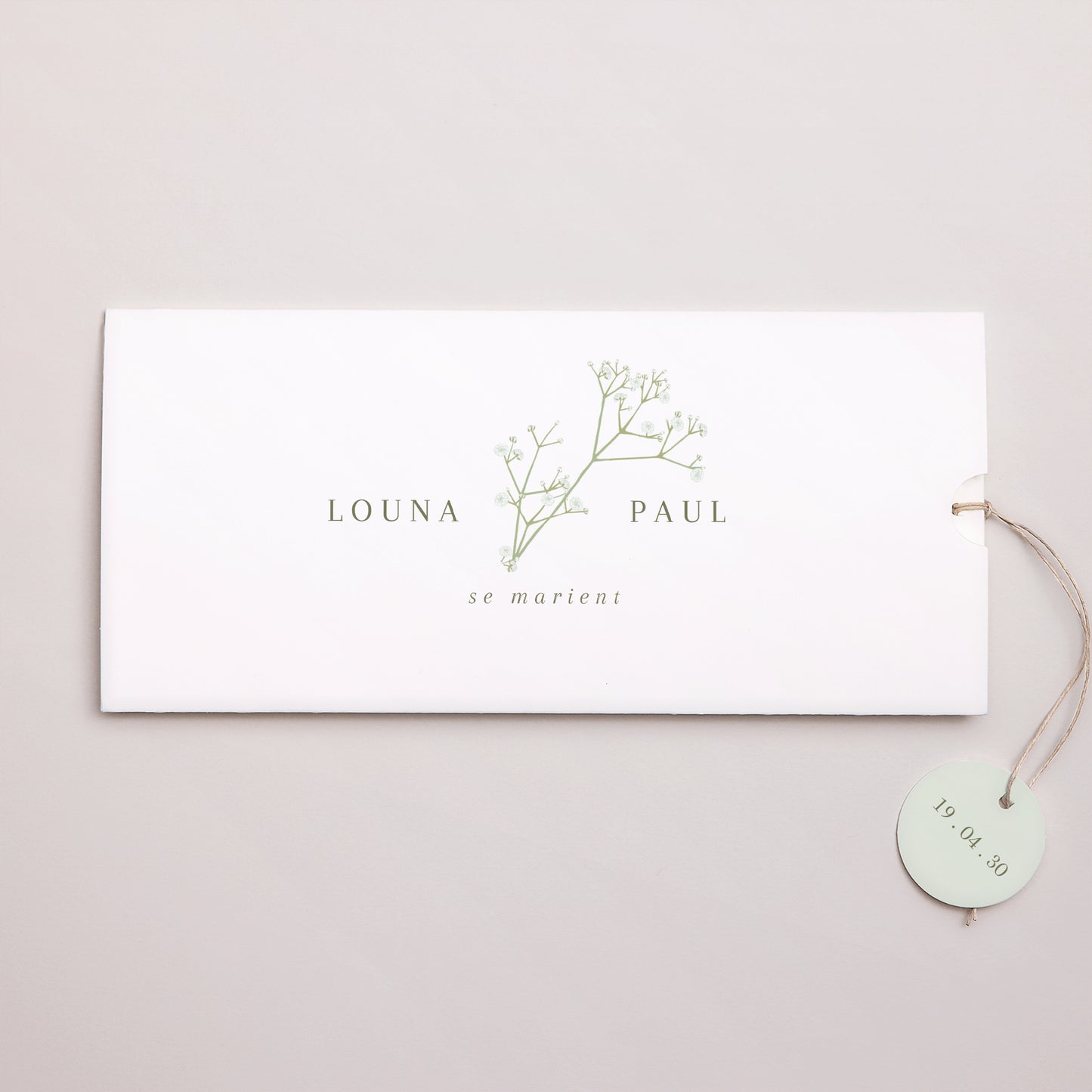 Faire-part Mariage Pochette 2 cartes, étiquette Couronne de gypsophile photo N° 1