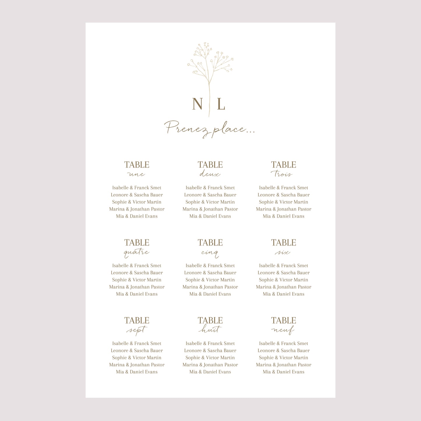 Plan de table Mariage Portrait 60 x 90 cm Gypsophile élégant photo N° 2