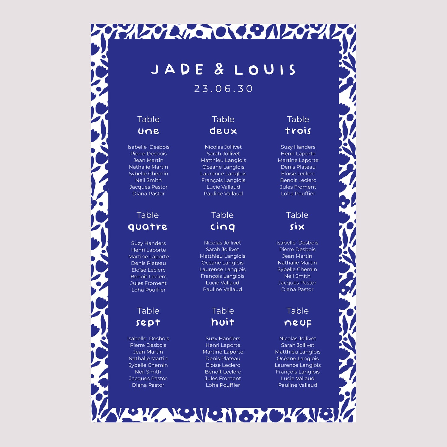 Plan de table Mariage Portrait 60 x 90 cm Bleu Majorelle photo N° 2