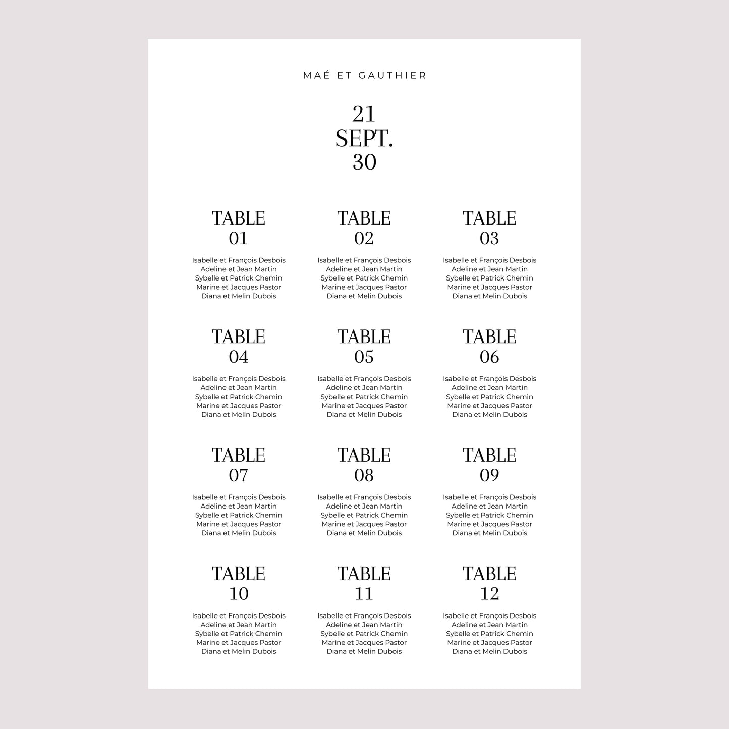 Plan de table Mariage Portrait 60 x 90 cm Typo Date photo N° 2