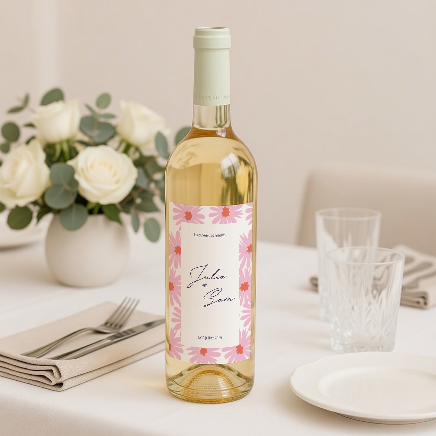 Etiquette bouteille Mariage Portrait Fleurs pop III photo N° 2