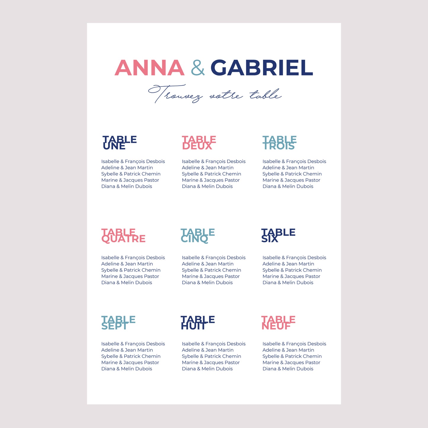 Plan de table Mariage Portrait Pink & Blue photo N° 2
