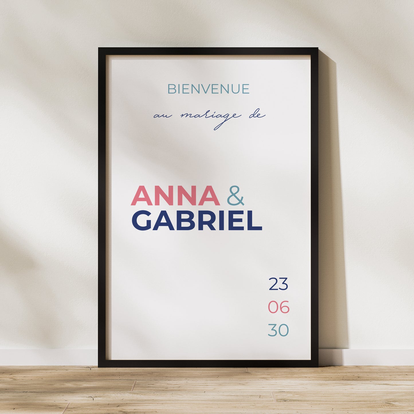 Panneau bienvenue Mariage Portrait 60 x 90 cm Pink & Blue photo N° 1