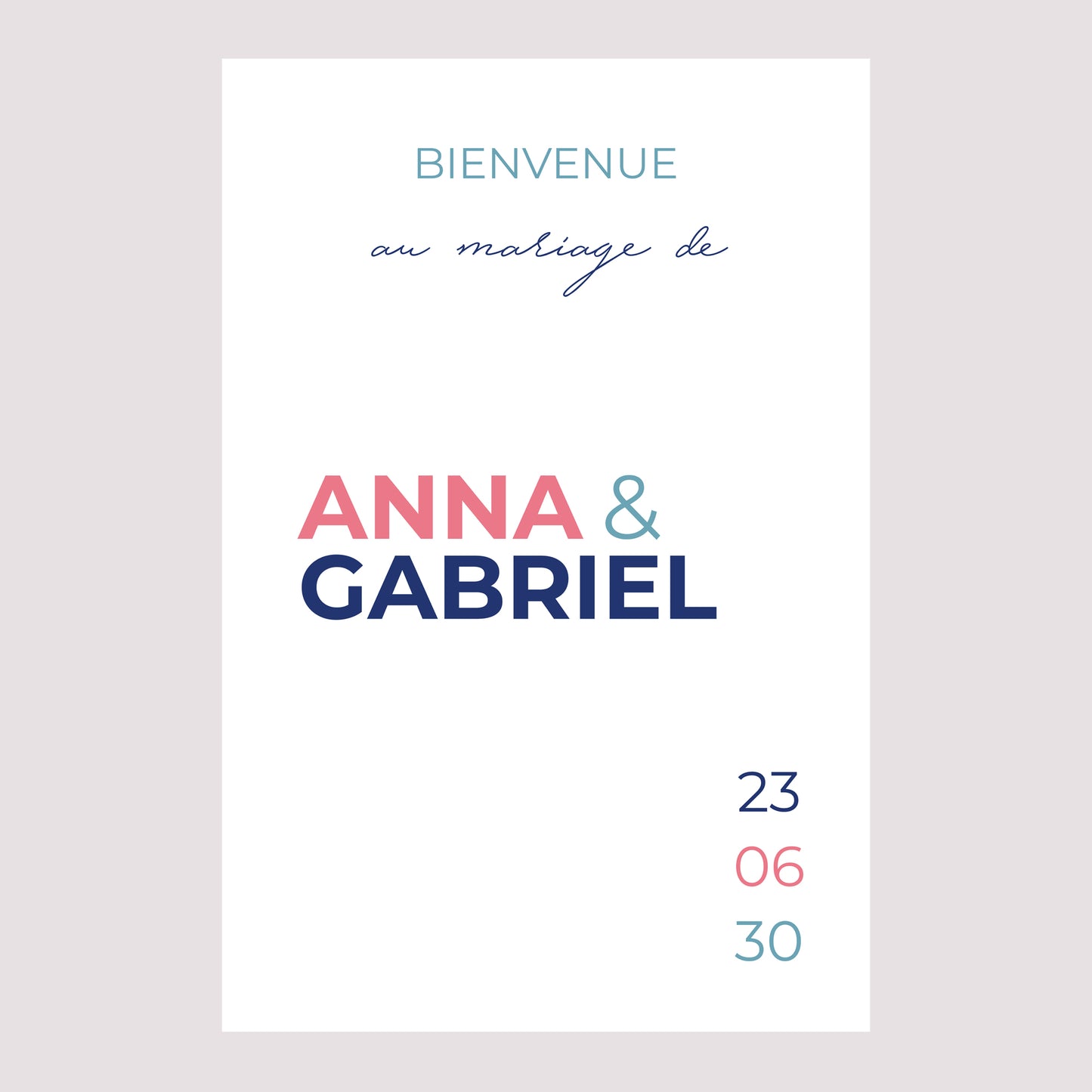 Panneau bienvenue Mariage Portrait 60 x 90 cm Pink & Blue photo N° 2