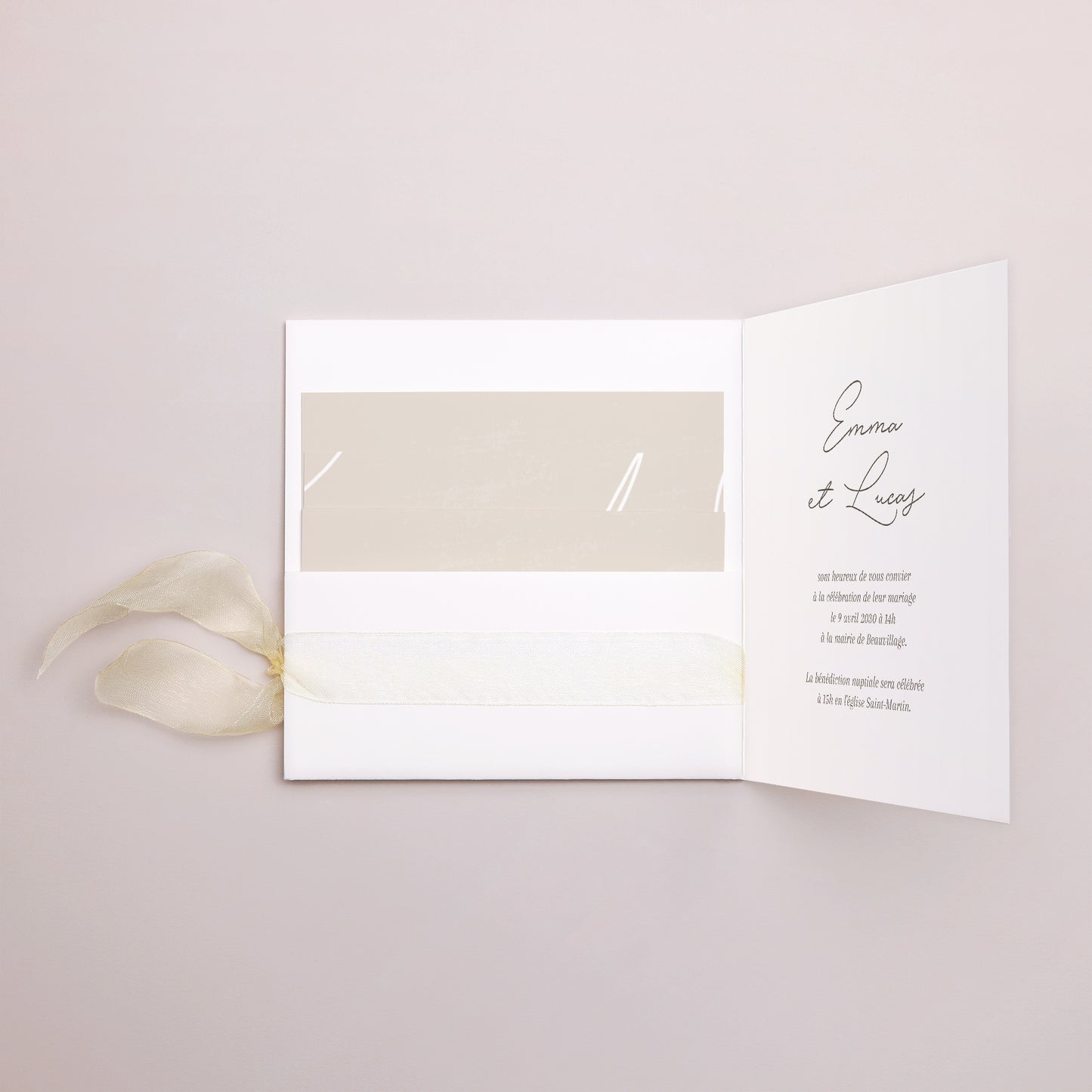 Faire-part Mariage Pochette carrée, 3 cartes, étiquette Courbes sur fond beige photo N° 2