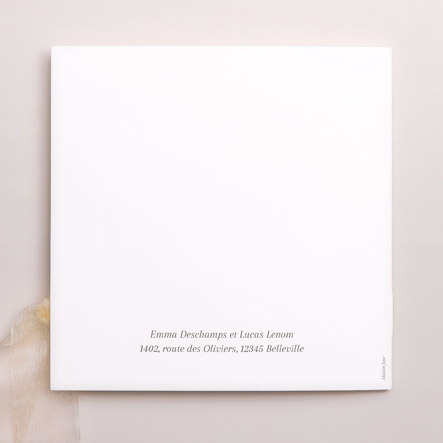 Faire-part Mariage Pochette carrée, 3 cartes, étiquette Courbes sur fond beige photo N° 4