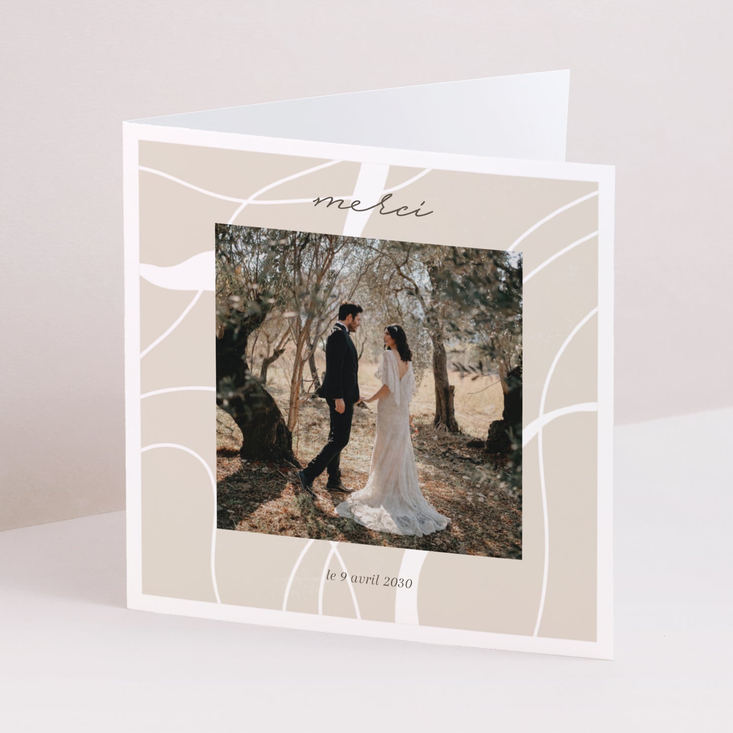 Remerciements Mariage Carré double volet Courbes sur fond beige photo N° 1