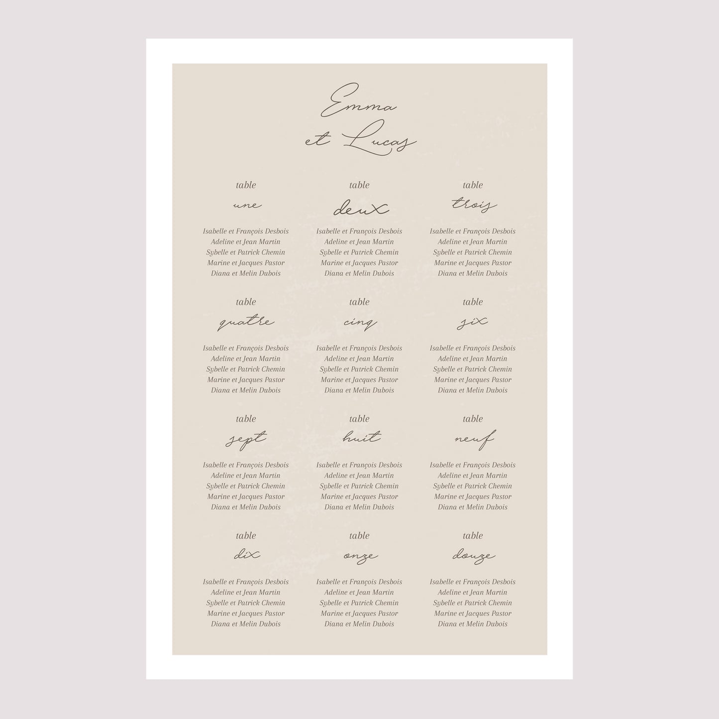 Plan de table Mariage Portrait Courbes sur fond beige photo N° 2