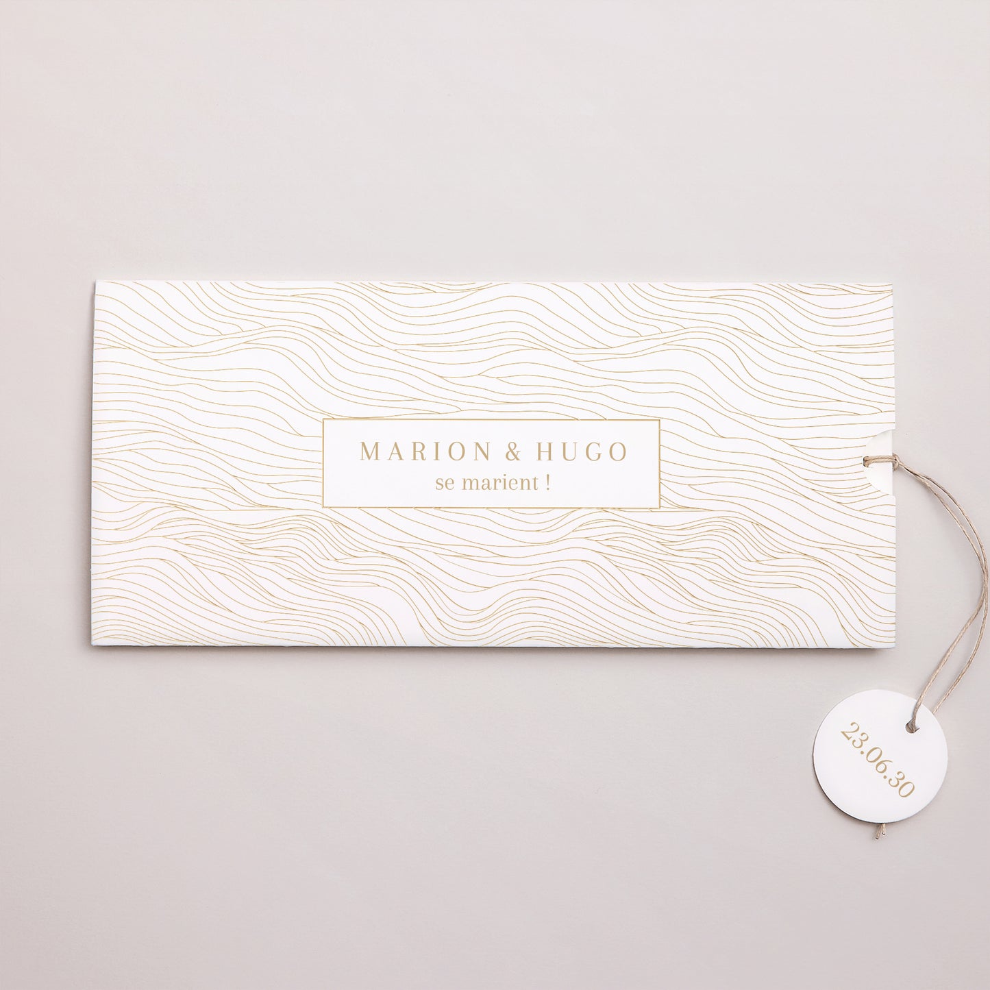 Faire-part Mariage Pochette 2 cartes, étiquette vagues dorées photo N° 1