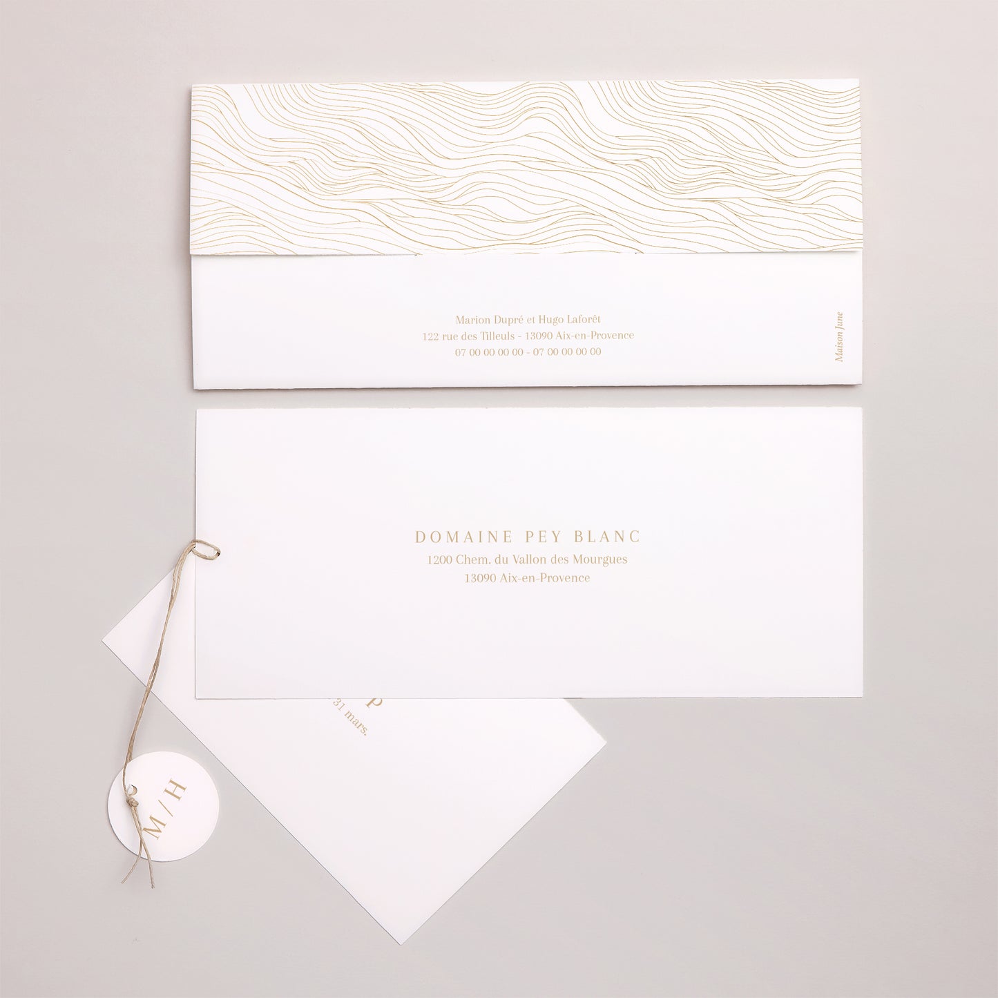 Faire-part Mariage Pochette 2 cartes, étiquette Vagues dorées photo N° 4