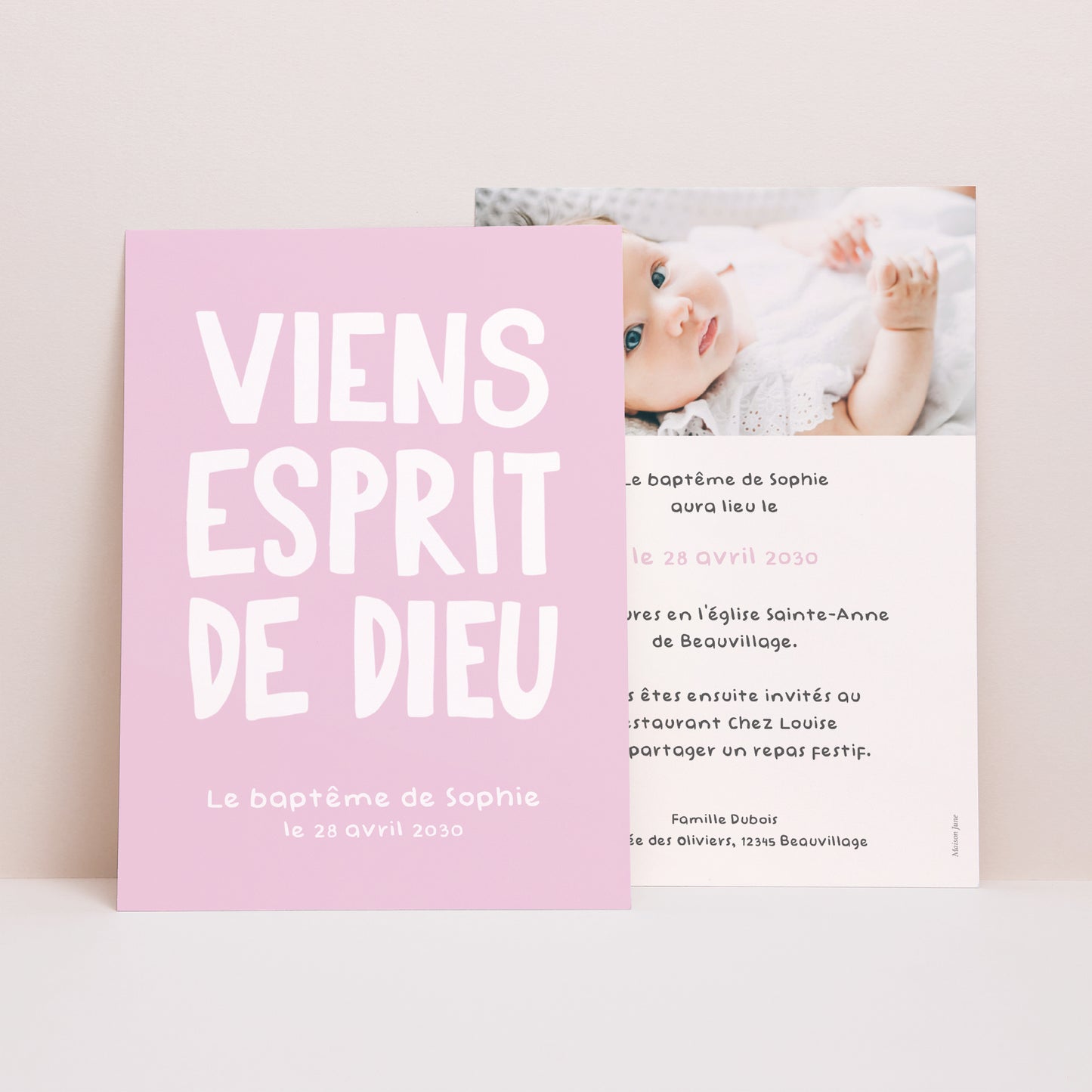 Faire-part Baptême Portrait Phrase baptême Rose photo N° 1