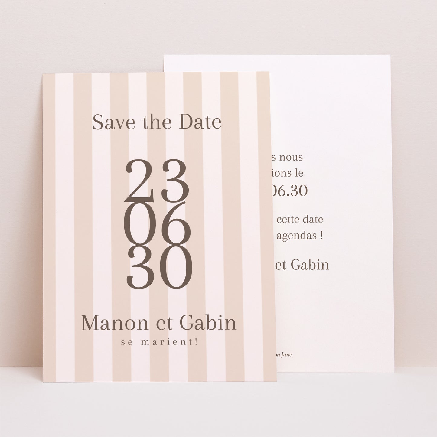 Save the date Mariage Portrait Rayures beiges photo N° 1