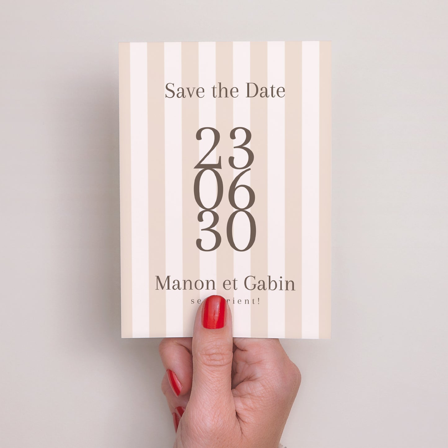 Save the date Mariage Portrait Rayures beiges photo N° 2
