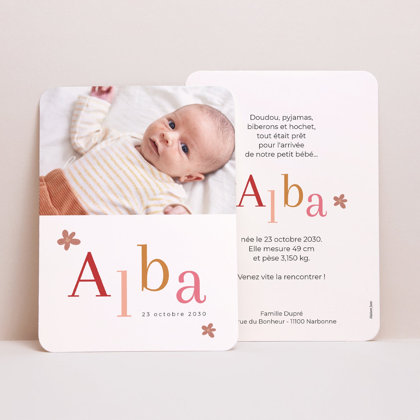 Faire-part Naissance Portrait, bords arrondis Typo couleurs photo N° 1
