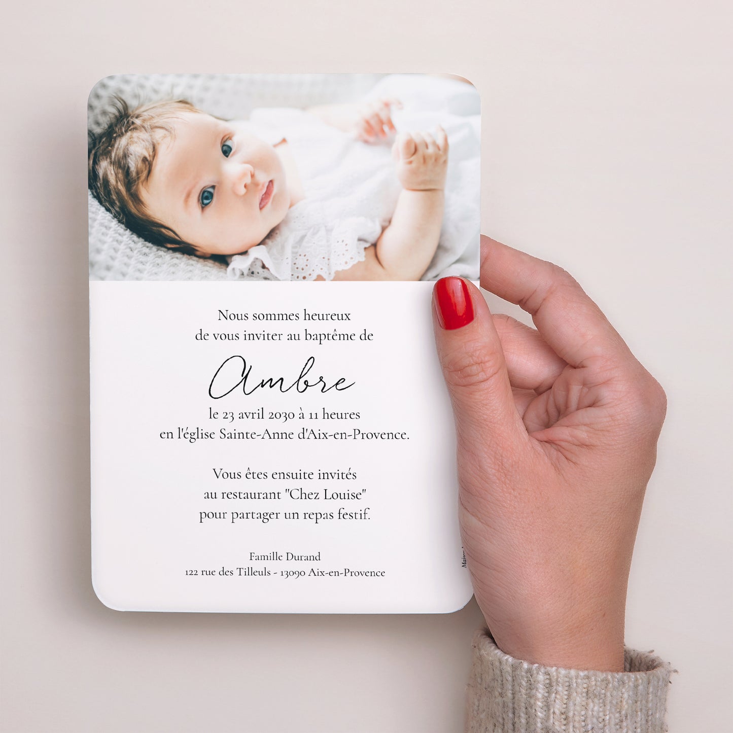 Faire-part Baptême Portrait, bords arrondis Colombe fleurie photo N° 3