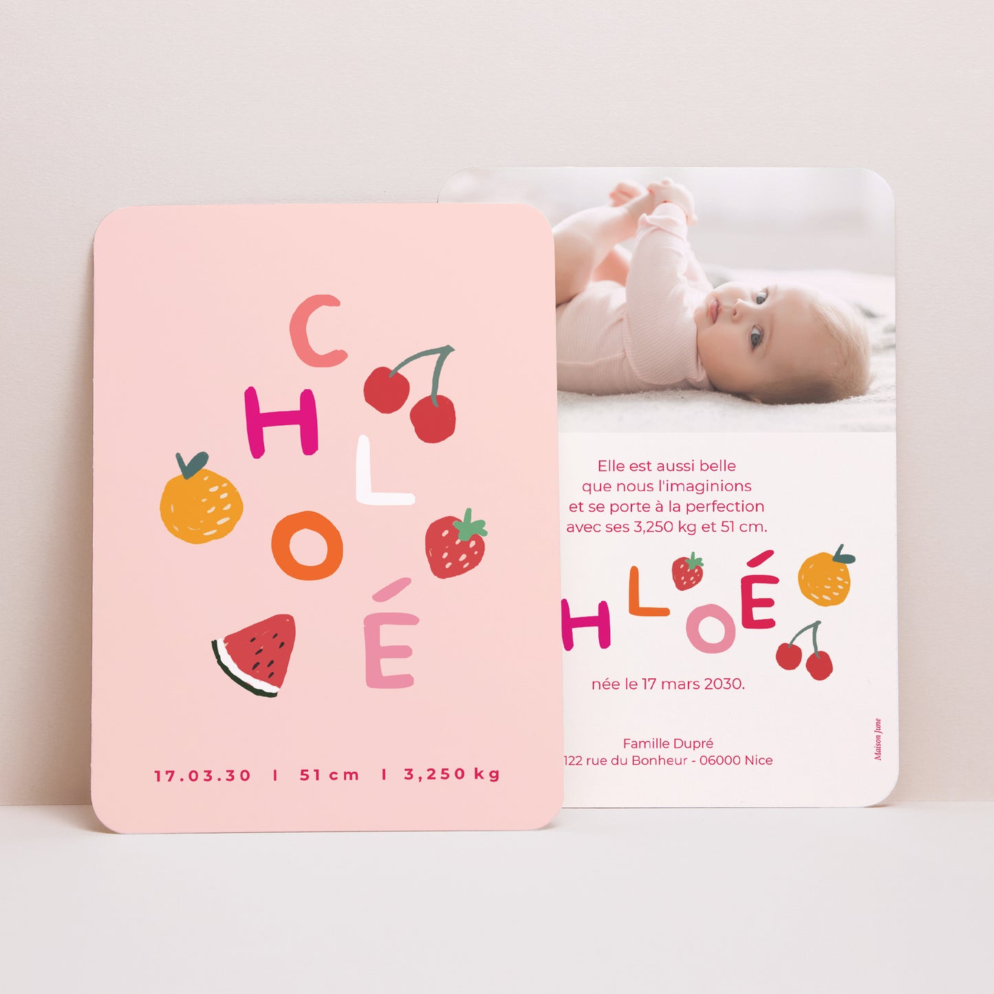 Faire-part Naissance Portrait, bords arrondis Matisse pink photo N° 1