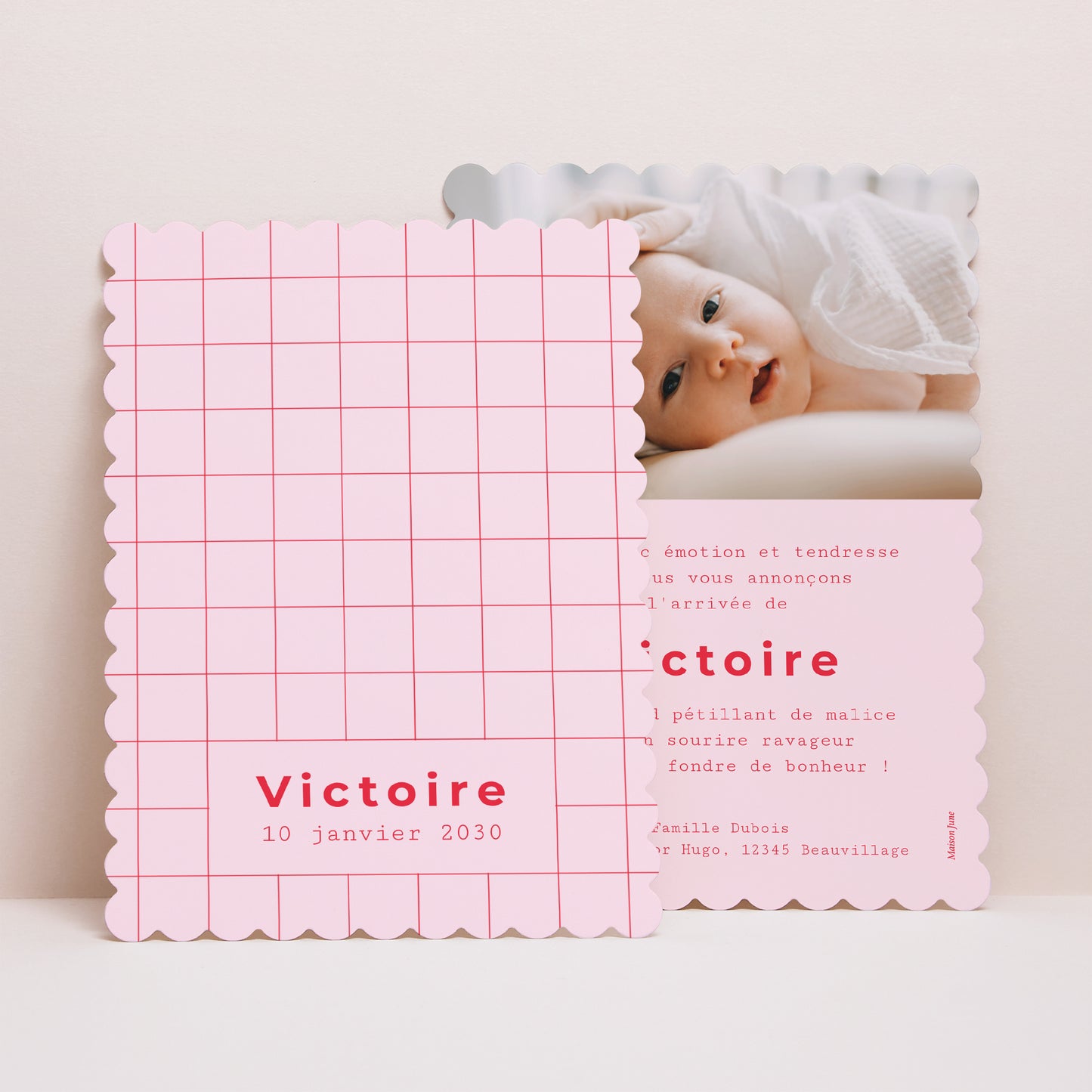 Faire-part Naissance Portrait, bords biscuit New Vichy Pink photo N° 1