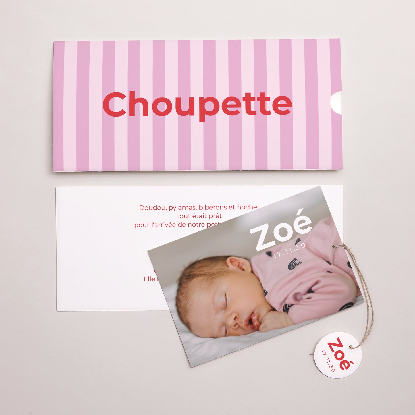 Faire-part Naissance Pochette 2 cartes, étiquette Petit Berlingot Rose photo N° 3