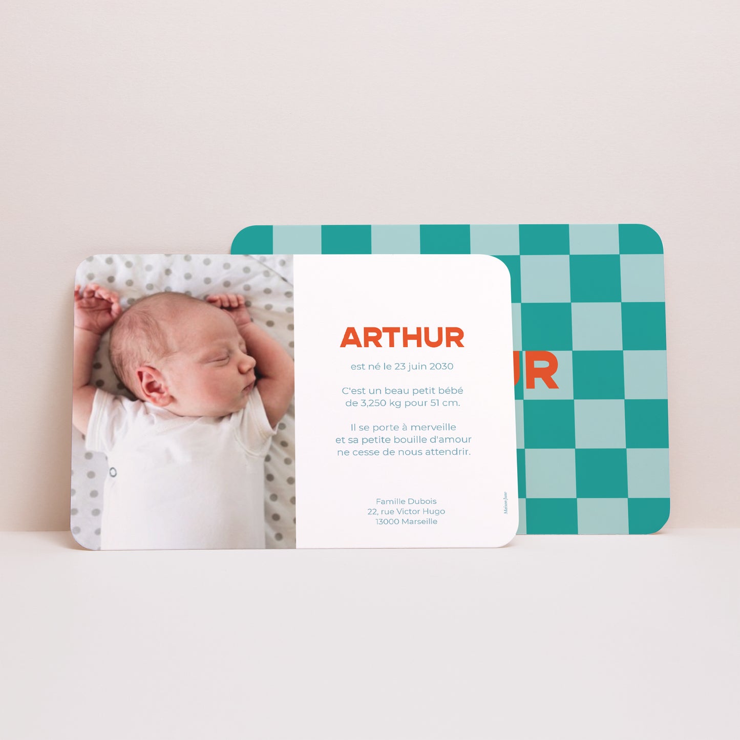 Faire-part Naissance Paysage, bords arrondis Echiquier turquoise photo N° 2